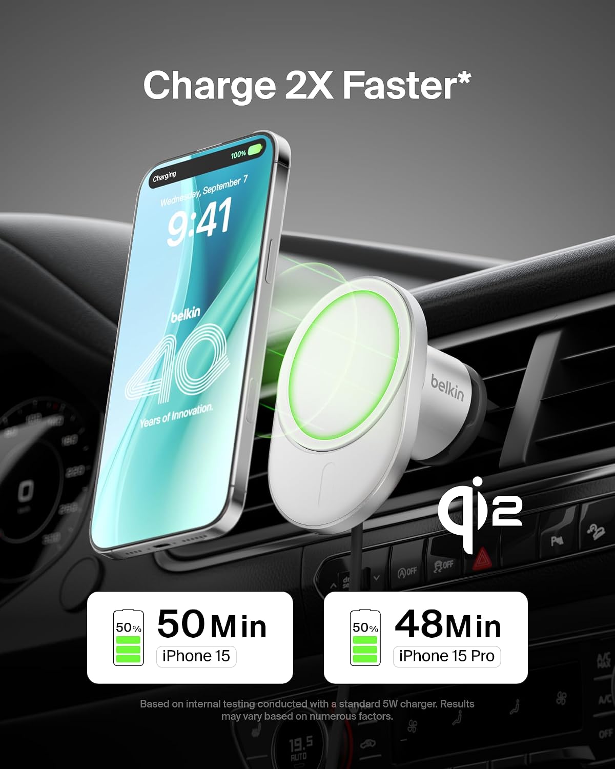 Belkin 15W MagSafe-Compatible Wireless Car Charger, Vent Mount
