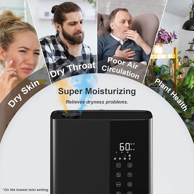 JRD Warm & Cool Mist Humidifiers for Bedroom 5L, Quiet Ultrasonic Air Humidifier Fast Symptom Relief, 50H Runtime, Oil Diffuser, 12H Timer, 7 Color Light for Large Room, Office, Baby, Plants-Black
