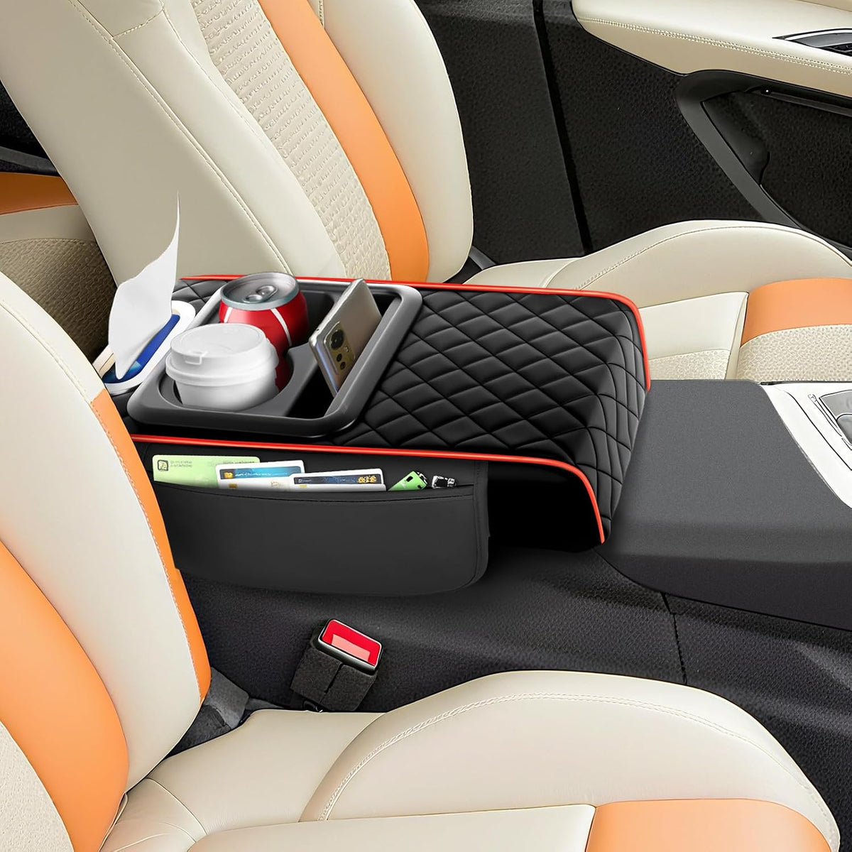 Car Armrest Cushion,5-in-1 Center Console Cover with 2 Storage Bags Cup Holder, Phone Slot for Sedans, Tissue Box Slot, Car Accessories Interior Organizers (Black) (Black-B)