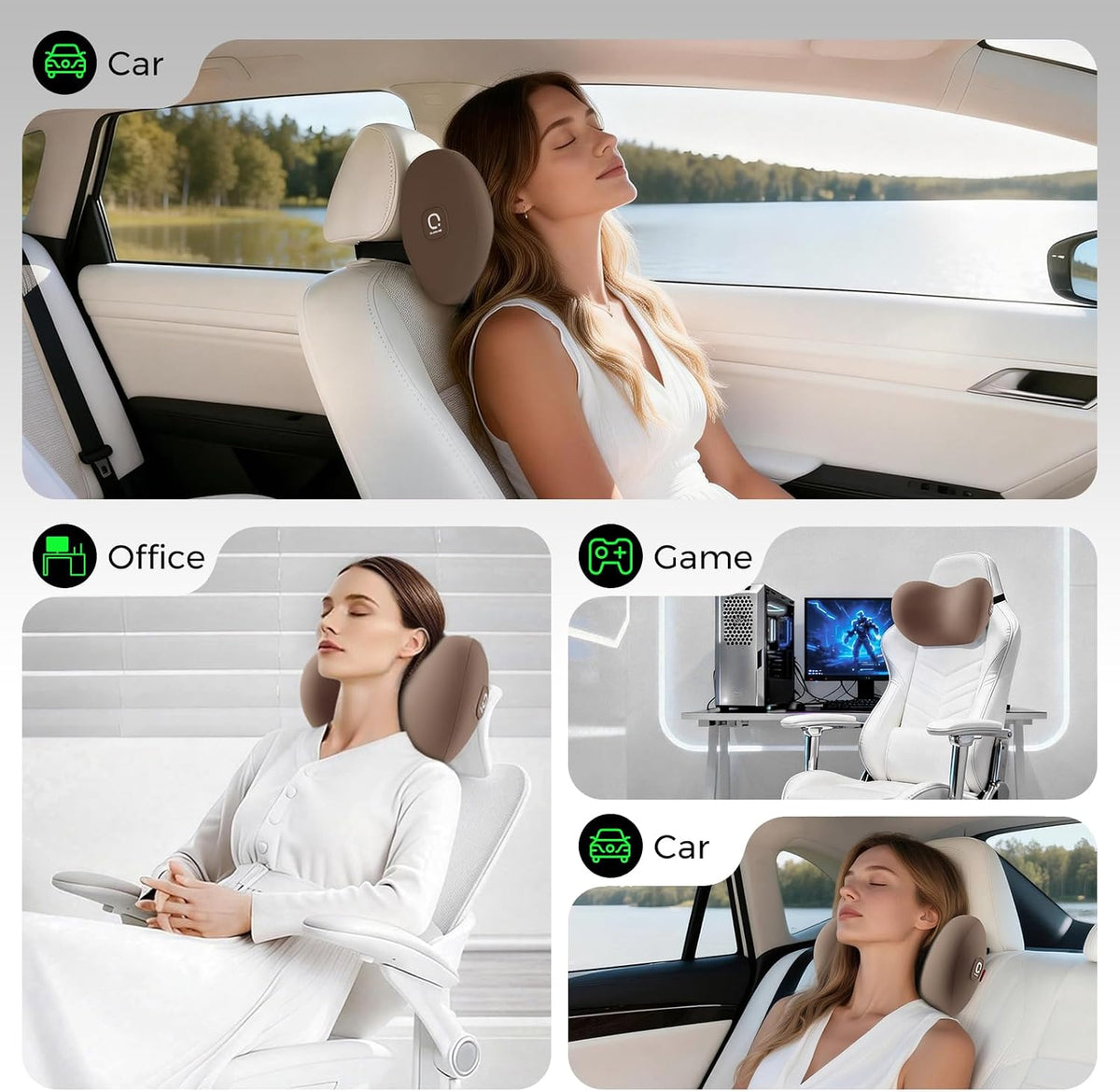 BEBAS Memory Foam Car Headrest Pillow - Breathable Neck Support Pillow for Driving, Universal Fit Cars/SUVs/Tesla/Toyota & Office Chair, Removable Cover (Brown, 4-Season)