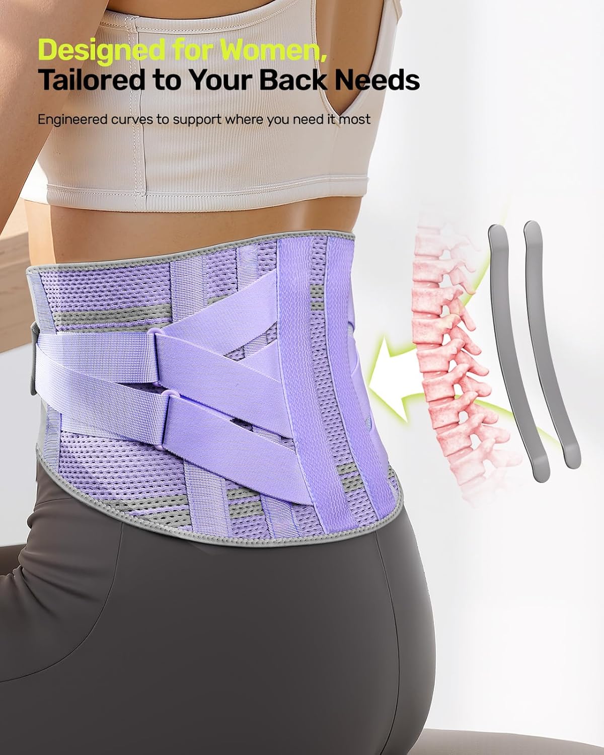 Rakiie Back Brace - Ergonomic Lumbar Support for Lower Back Pain Relief | Breathable Mesh, Purple M (Waist: 32.3"-39.8")