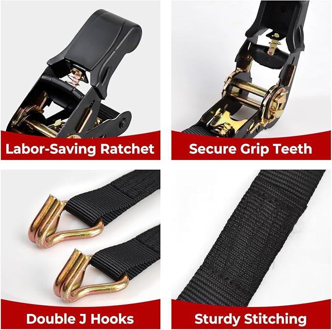4 Packs Ratchet Straps Heavy Duty, 1" x 20' Ratchet Tie Down Straps with Double J Hooks | 2200lbs Break Strength for Moving, Securing Motorcycle, ATV, Kayak on Trailer, Truck Bed, Car Roof Rack