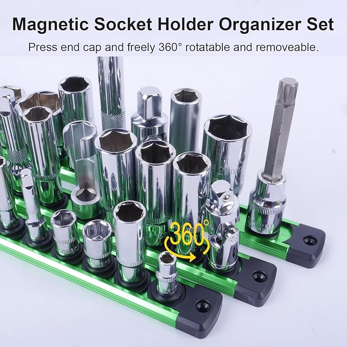 Magnetic Socket Holder Organizer Set:1/2-Inch Drive Socket Trays Socket, 360° Swivel 12 Clips Socket Holder Kit, For Automotive Mechanic Garage (Green)