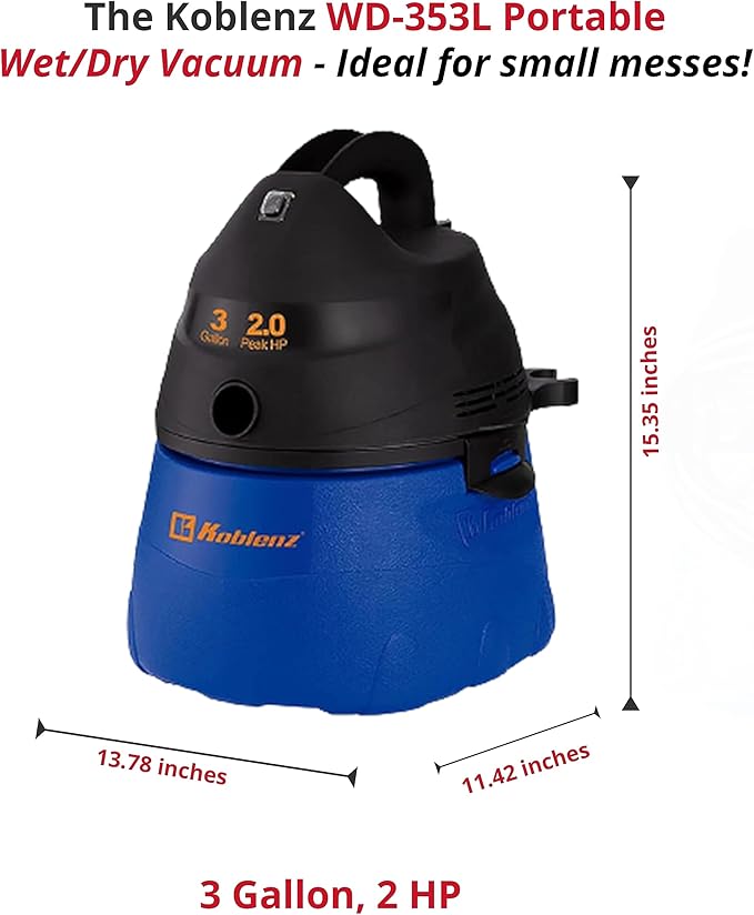 Koblenz WD-353L Portable Wet-Dry Vacuum Cleaner, 3 Gallon Tank, 2.0 HP Vacuum Cleaner with Several Accessories, 5 Year Warranty, Blue/Black