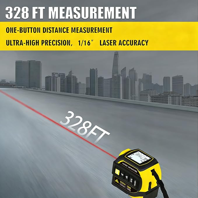 4-in-1 Laser Tape Measure 328FT, Digital Laser Distance Meter, 16FT Steel Tape