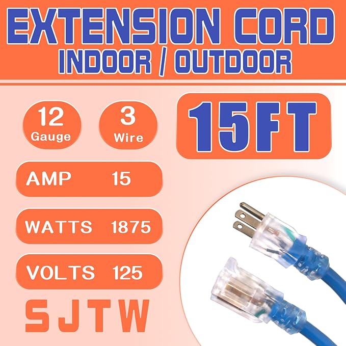 Extension Cord with Lighted End, 12 Gauge Heavy Duty Outdoor Extension Cord 15 FT, 3 Prong Grounded 15 Amp, 12/3 SJTW Waterproof Power Cord for Appliance, Blue