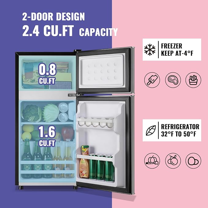 2.4 Cu.Ft Small Refrigerator with Freezer Dorm Mini Fridge with Removable Plastic Shelves Mini Refrigerator Ideal for Home, Office,Dormitory Gray
