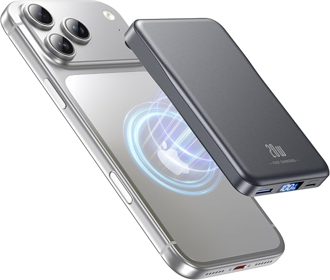 Aobbow Magnetic Portable Charger, 10000mAh for Magsafe Battery Pack, 20W Fast Charging Power Bank, Travel Essential of Wireless Charger Compatible with iPhone 17/16/15/14/13 Pro/Max/Air/Plus-SpaceGray