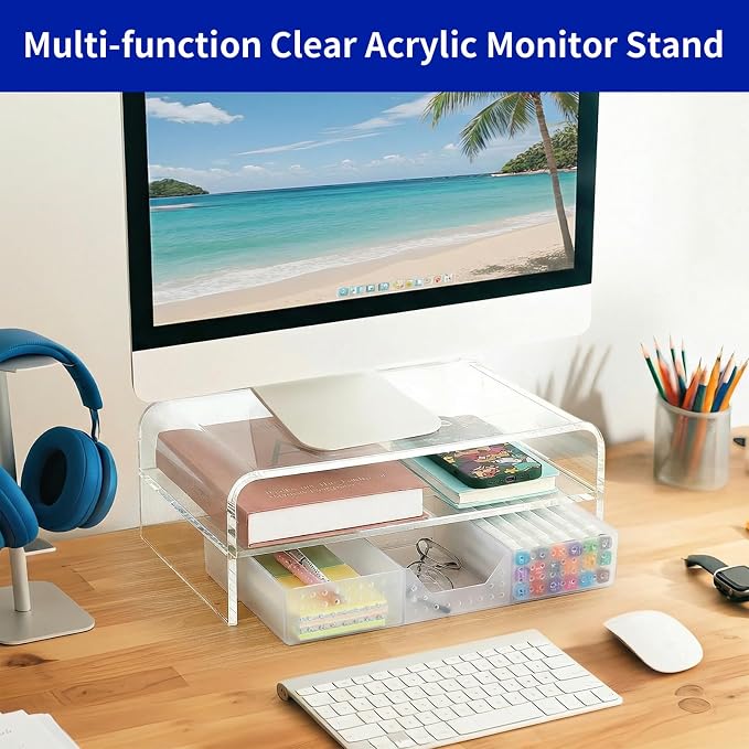 OPNICE Acrylic Clear Desk Organizers and Accessories, 2-Tier Computer Monitor