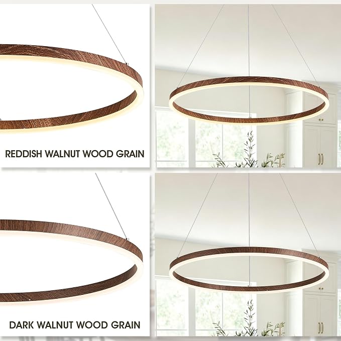 24" Ring Chandelier Modern LED Round Chandelier Wood Grain Finish Dimmable