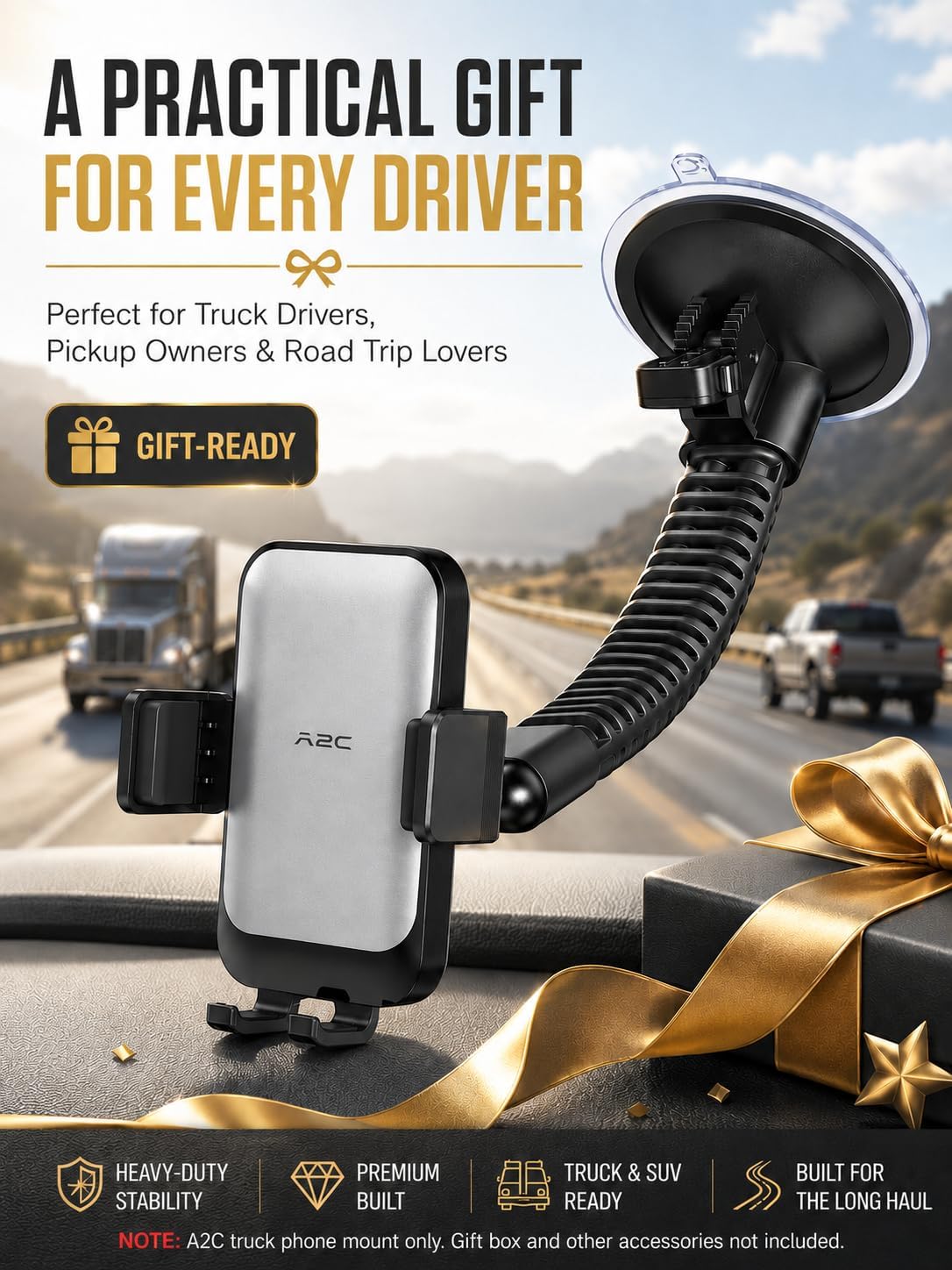 A2C Heavy Duty Truck Phone Mount, 10" Metal Long Arm Windshield Phone Mount