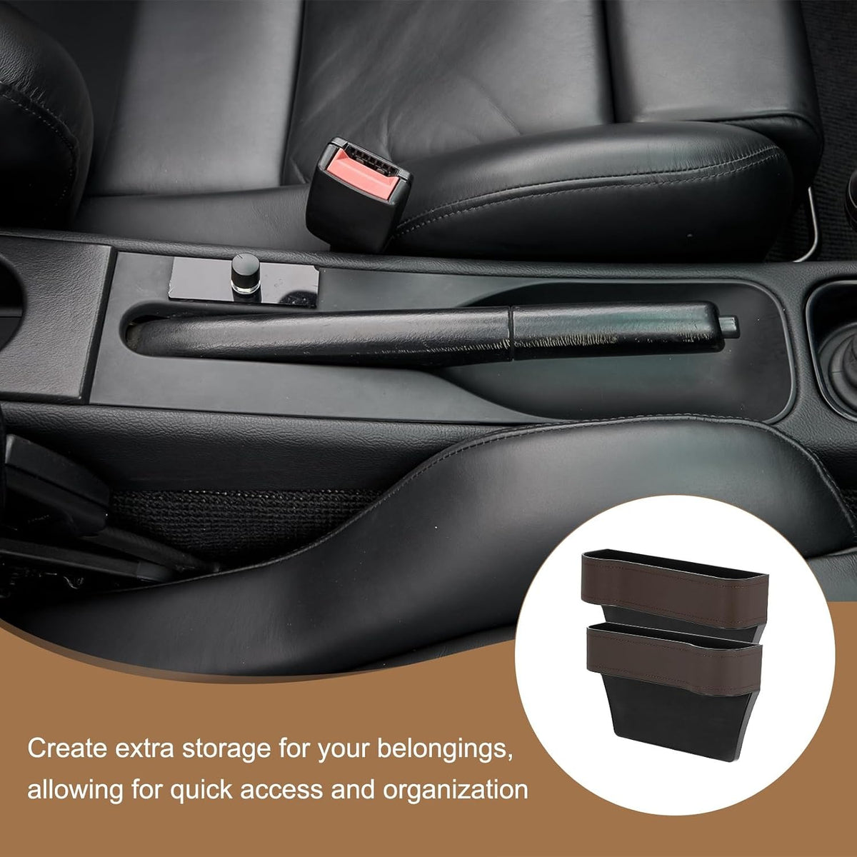 HARFINGTON 2pcs Car Seat Gap Filler Organizer 10.2 x 6.5 x 3.1 Inch ABS+Leather Universal Car Organizer Storage Box Between Seat and Console (Left+Right) with Cup Holders for Phone, Brown