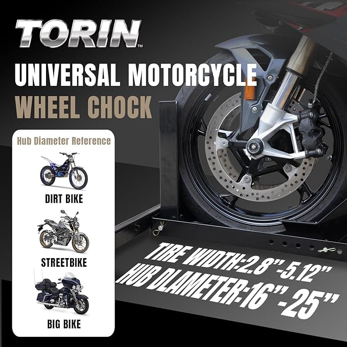 Torin ATRM05012B Motorcycle Trailer Wheel Chock: Adjustable Heavy-Duty Steel Motorcycle Stand Wheel Tire Chock for 16"-25" Off-Road and Standard Motorcycles, Upright 1800lbs Capacity
