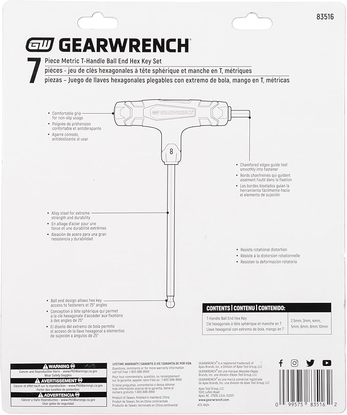GEARWRENCH 7 Piece Metric T-Handle Ball End Hex Key Set - 83516