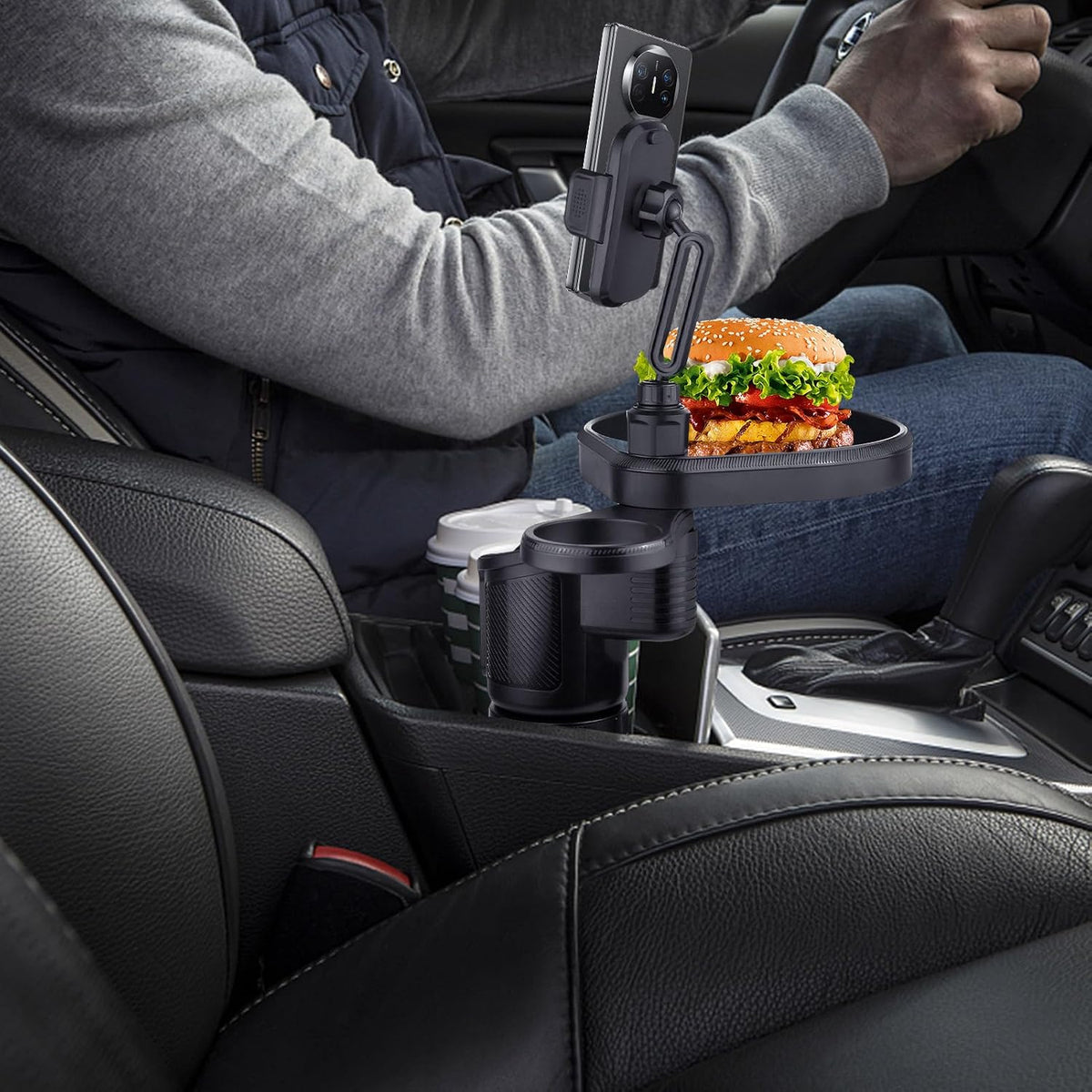 4-in-1 Car Cup Holder Expander - Rotating Tray with Phone Mount & Food Tray, Adjustable Base for Most Vehicles/RV/Trucks