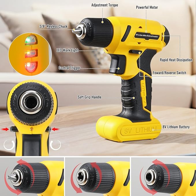 TLGREEN 101 Pcs 8V Cordless Drill and Tool Set,USB-C Rechargeable Power Tool Kit with Brushless Motor & Fast Charge,Lightweight Home Tool Kit for DIY,Repair,and Maintenance with Storage Case（Yellow)