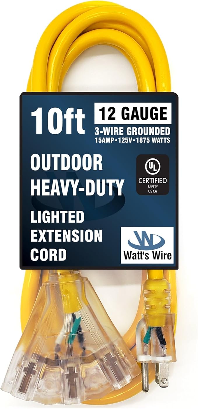 10 ft Outdoor Extension Cord Waterproof - 12 Gauge Heavy Duty Extension Cord Splitter Outdoor 10 ft - Lighted Outdoor Extension Cords with Multiple Outlets - Watts Wire - 10' Grounded