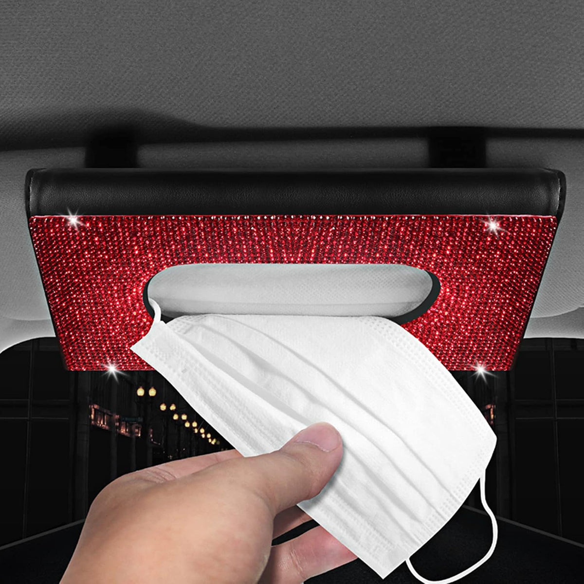 【2026 Upgraded】Bling Car Sun Visor Tissue Box with Refills Paper Towels, PU Leather Backseat Mask Case,Crystal Sparkling Napkin Holder, Handmade Decoration Accessories for Women,Girls,Ladies , White