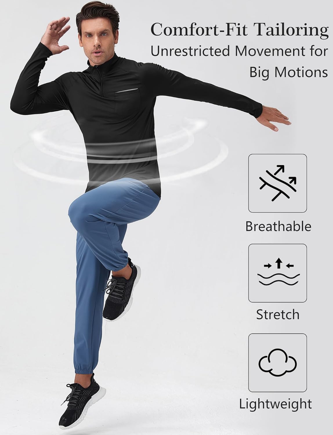 SEAUR Men's Long Sleeve Athletic Shirt - 1/4 Zip Pullover Rash Guard for Running & Fishing - Size S, Black