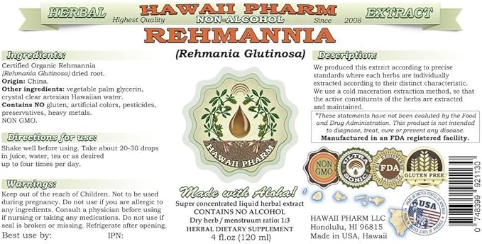 Rehmannia Alcohol-Free Liquid Extract, Organic Rehmannia (Rehmania Glutinosa) Dried Root Glycerite Natural Herbal Supplement, Hawaii Pharm, USA 15x4 fl.oz