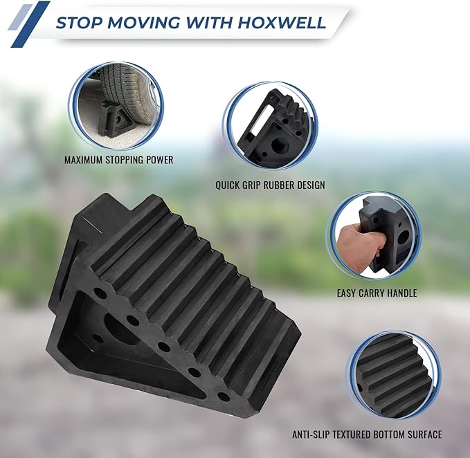 HOXWELL Solid Heavy Duty Rubber Wheel Chocks 2 Packs, Premium Chock for Car, Travel Trailers, RV, Truck, and ATV(2 pcs, Black) 8" x 4" x 6"