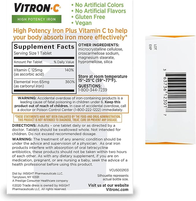 Vitron-C High Potency Iron Dietary Supplement Plus Vitamin C, 60 Coated Tablets (Pack of 3)