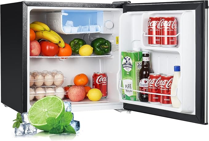 Upstreman 1.7 Cu.ft Mini Fridge with Freezer, Stainless Steel-FR17 | Dorm Essentials, Adjustable Thermostat, Energy Saving, Low Noise, Compact Refrigerator for Dorm, Office, Bedroom