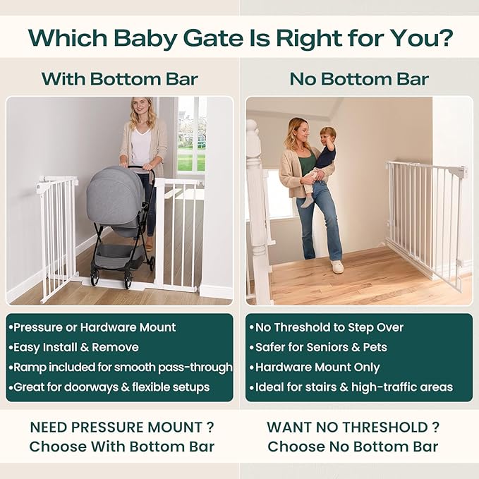 Cumbor 29.7-46" Baby Gate for Stairs, Toddler Safety Essentials for The House, Auto Close Dog Gate for Doorways, Mom's Choice Awards Winner-Easy Install Pressure Mounted Pet Gates for Dogs, White