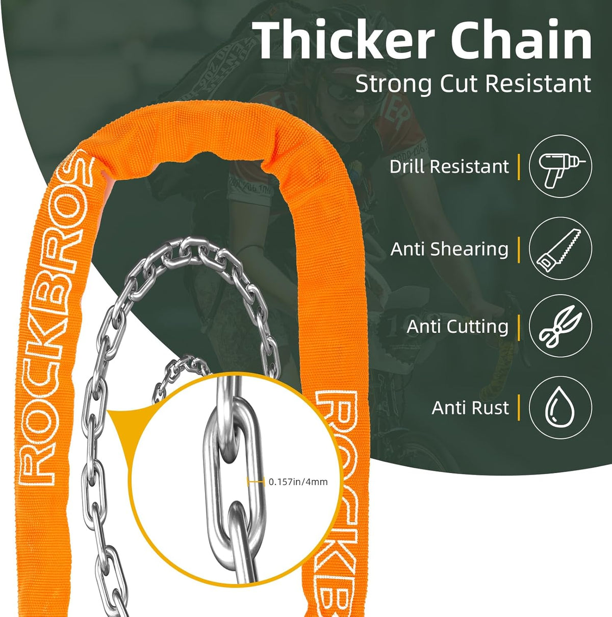 ROCKBROS Heavy-Duty Bike Chain Lock - 3 Ft Long, 5mm Thick, Cut-Proof Security with Key Set