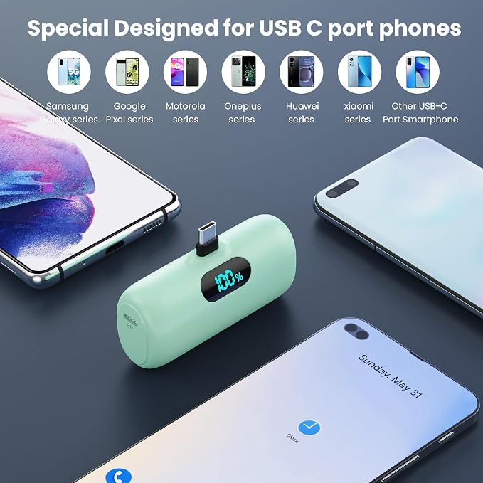[2-Pack] Mini Portable Charger 5000mAh Power Bank,3A PD USB C Cell Phone Portable Power, LCD Display Battery Pack Compatible with iPhone 17/17 Air/16/16 pro/15/15 pro Max/Android/Samsung/Moto/LG etc