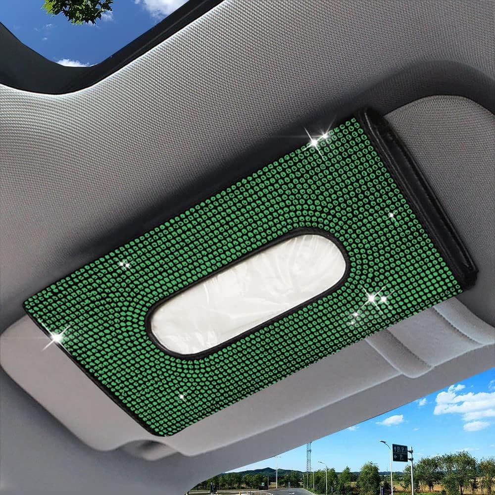 Bling Glitter Car Sun Visor Tissue Box PU Leather Mask Napkin Holder with Hook Clip 1 Pack Stylish Sparkly Visor Accessory (Black Green)