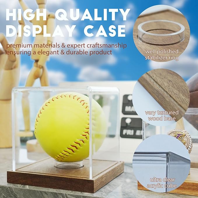 JupDec Softball Display Case Clear Acrylic Ball Holder, UV Protected Cube with Wood Base Stand, Championship Sports Collections Box Showcase