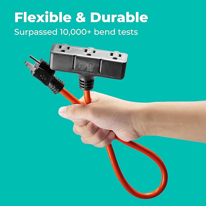 KMC 3-Outlet Power Extension Cord, 12AWG 2-Feet Extension Cord, 125V/15Amp 1875Watt, Orange