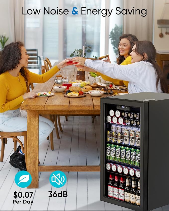 Feelfunn 3.2 Cu.Ft Mini Fridge with Glass Door - 126 Can Beverage Refrigerator Cooler for Drink Beer Wine Soda, Small Fridge for Bedroom Office Bar Dorm, 4 Adjustable Shelves, Black