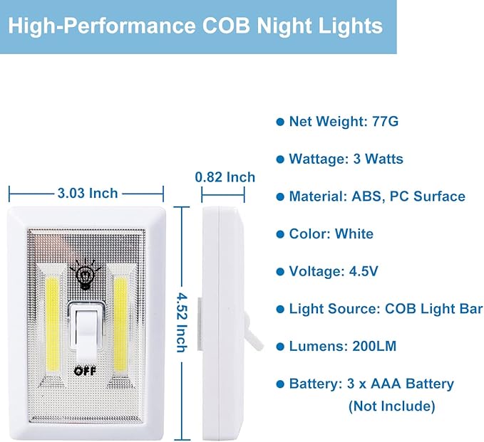 LINLUX Battery Operated Switch LED Lights, Portable Tap Light, Push Closet Light, COB LED Cordless Night Lights, Touch, Wall Mount Under Cabinet, Shed, Kitchen, Garage, Attic, RV(6 Pack)