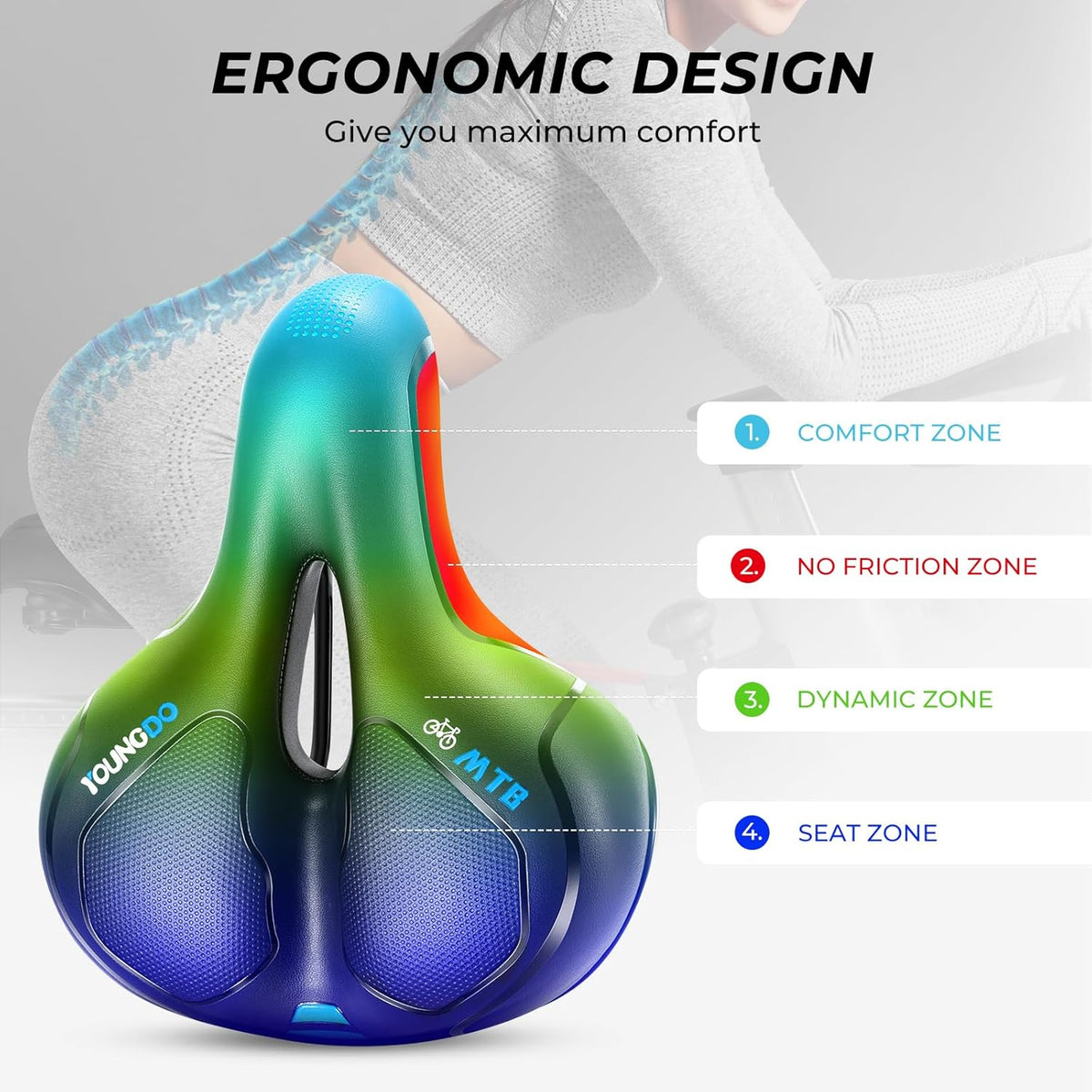 YOUNGDO Comfortable Wide Bike Seat - Breathable Gel Saddle for MTB, Road, and Spinning Bikes