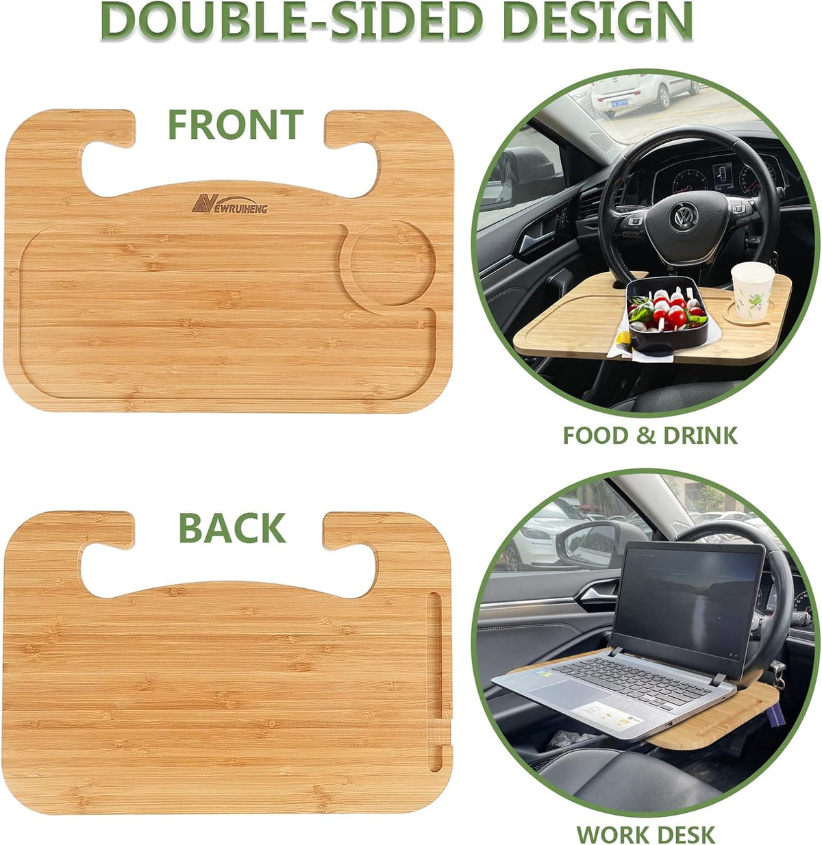 Steering Wheel Tray Double Sided Bamboo Car Laptop Steering Wheel Desk Multifunctional Car Food Trays Car Table Steering Wheel Tray for Eating, Tablet, iPad or Notebook Travel Car Accessories