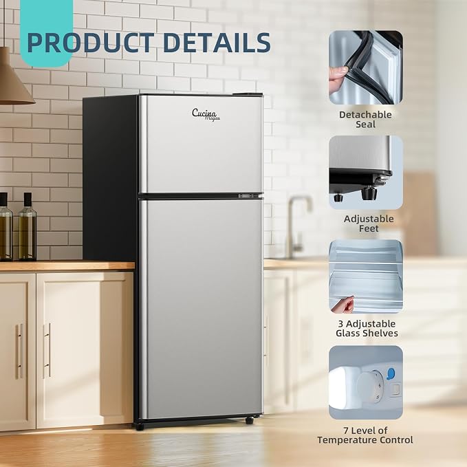 3.8 Cu Ft Mini Fridge for Bedroom Small Fridge, Small Refrigerator | 2 Door Mini Fridge with Freezer 7 Level Thermostat, LED Light, for Bedroom, Office, Dorm