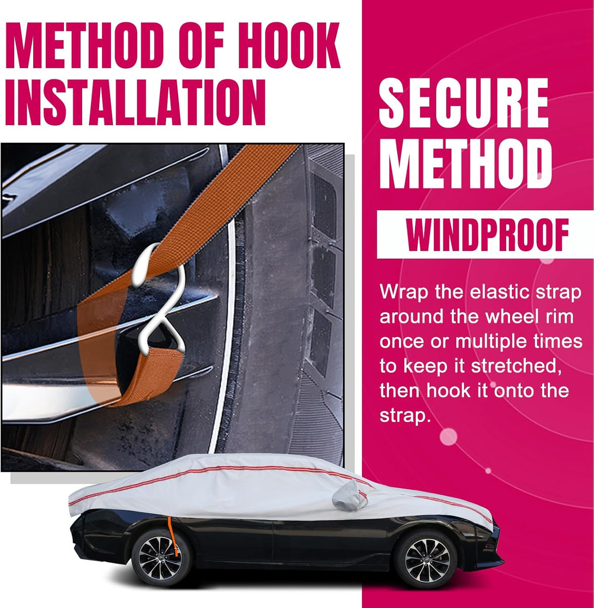 Half Car Cover Sedan,Top Cover with Red Reflective Strip, Hail Protector Car Cover with Cotton Liner, Sunroof & Windshield Cover for Ice and Snow, All Weather Car Body Cover for Sun, Rain, Dust