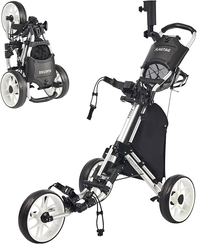 Golf Push Cart 3 Wheel,Foldable Golf Push Cart,Golf Bag Cart with Foot Brake,Umbrella Holder, Cup Holder, Storage Compartment