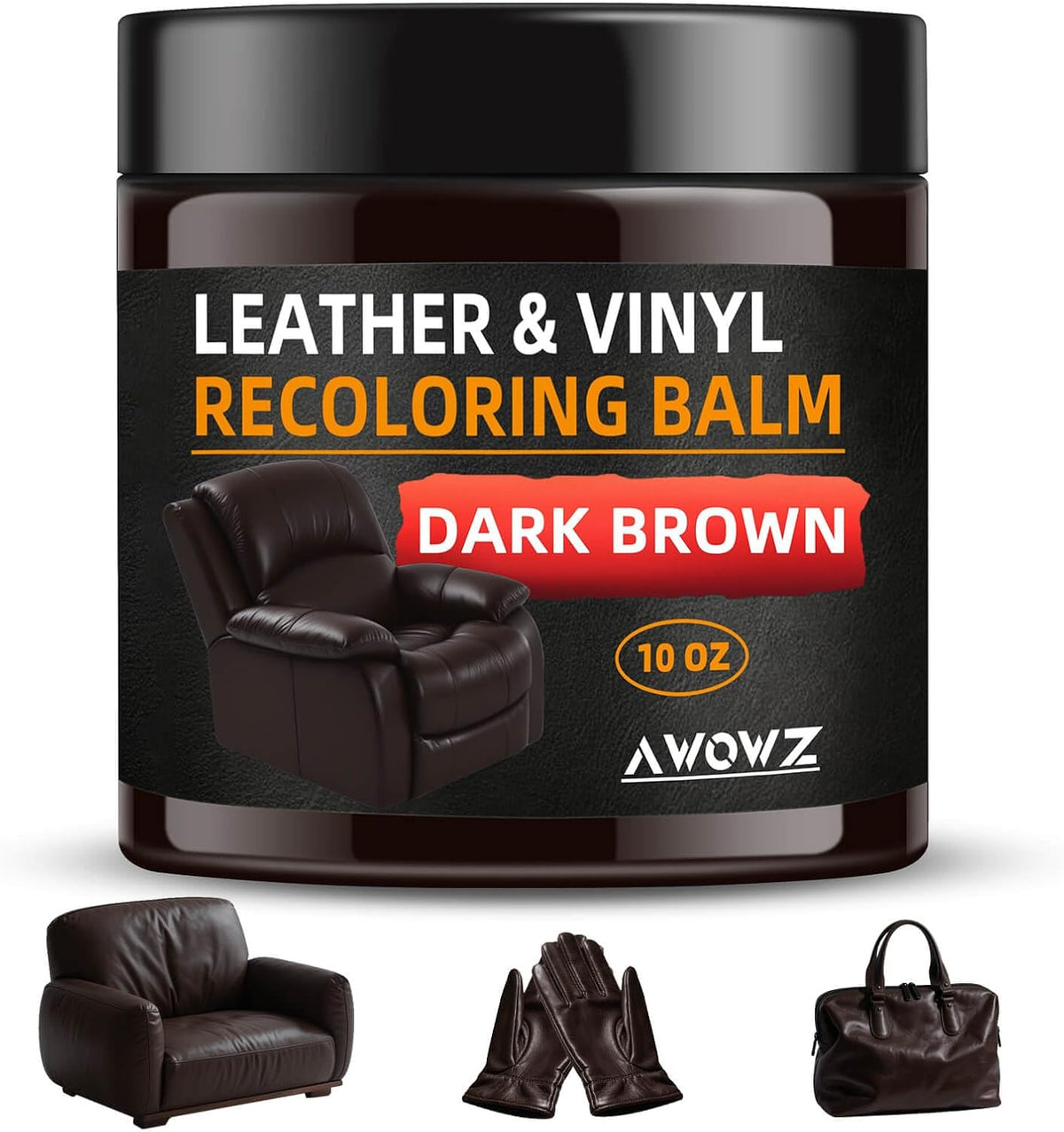 Leather Recoloring Balm - Scratch Repair & Color Restore Kit for Faded Leather, Leather Couch & Car Seats - 10OZ Leather Restorer Balm for Furniture, Auto Interior, Vinyl, Accessories (Dark Brown)