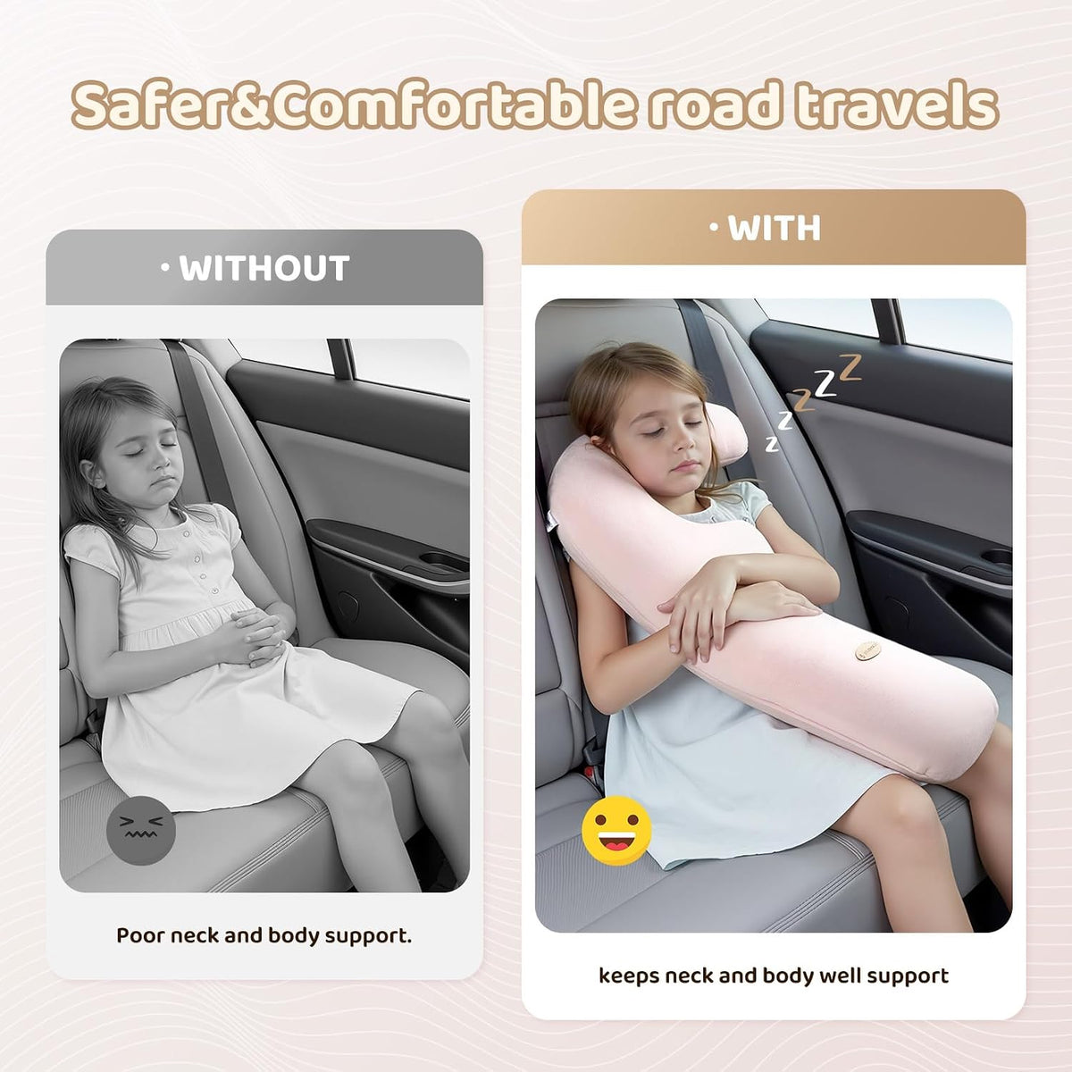 FLORICH Memory Foam Kids Travel Pillow, Car Sleeping Pillow, F-Shape Car Pillows for Adults and Children, Traveling Car Pillow for Kids with Removable Pillowcase (Dark Pink)