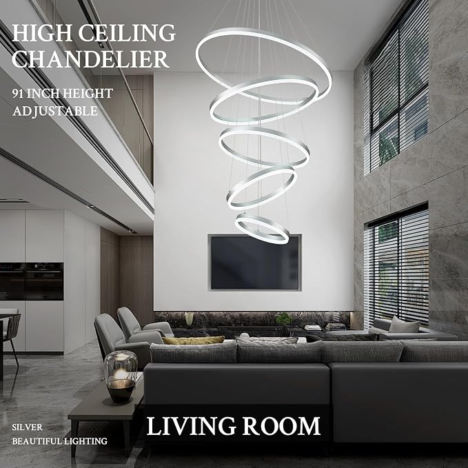 5-Rings D31.5in Modern LED Chandelier Silver Dimmable High Ceiling Chandeliers