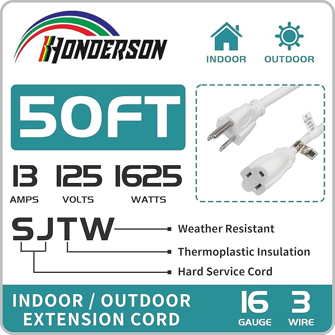 Indoor Outdoor Extension Cord Weatherproof, UL Certified, 16 Gauge 50FT White 3 Prong Heavy Duty, 16/3 SJTW 13A Power Cord for Outdoor Lights, Appliances, Lawn