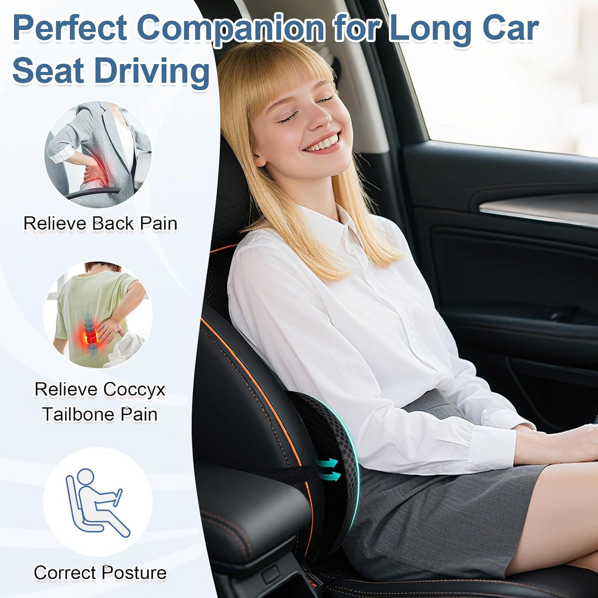 BYMECOST Lumbar Support Pillow for Car, Ergonomic Back Cushion