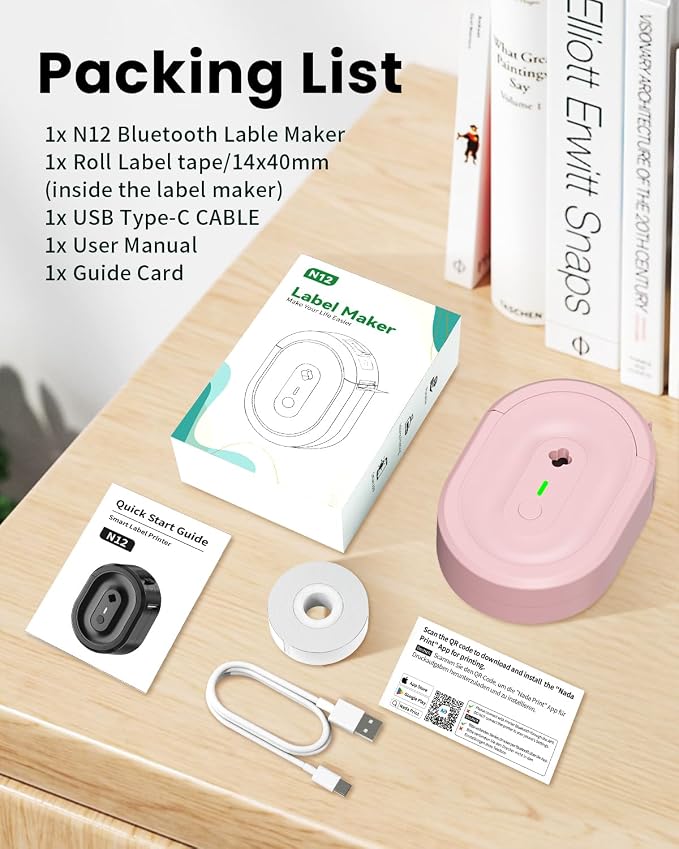 N12 Label Maker Machine with Tape, Mini Bluetooth Label Printer, Small Labeler