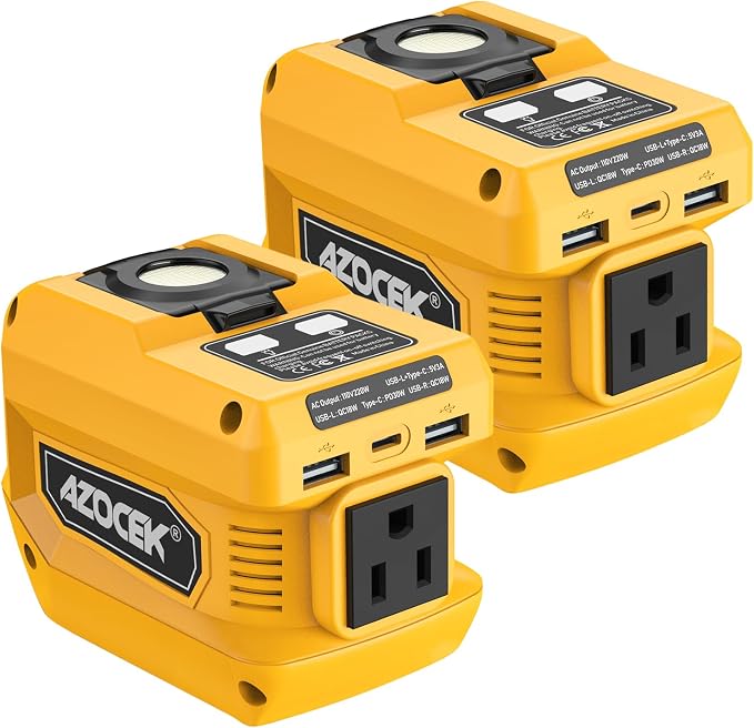 220W Azocek Power Inverter Compatible with Dewalt 20V Battery (Battery not Included), DC 20V to AC 110V, 2 USB Ports & 1 Type-C Fast Charging, 400LM LED Work Light (2-Pack)