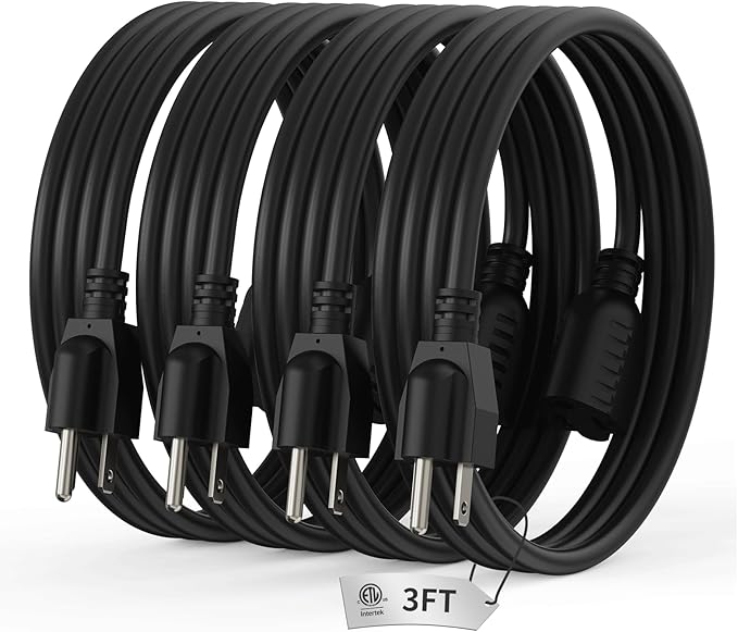 PLUGTUL 3 FT Extension Cord Black, 4 Pack Short Power Cord, Indoor/Outdoor 16 Gauge 3 Prong Grounded Wire ETL Listed, 13A 1625W 125V SJTW