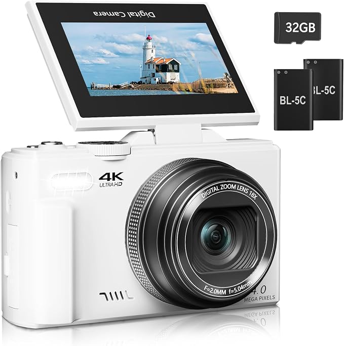 Digital Camera for Photography, 4K Vlogging Camera for YouTube 3" 180° Flip