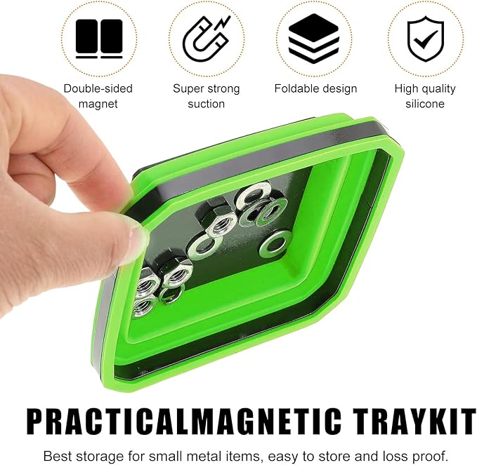 Collapsible Magnetic Parts Tray, 4.5 Inch Foldable Magnetic Square Silicone Tray, Tool Tray Set with Double-Sided Magnetic Base for Screw Bolts Nuts Pins, Car Accessories (Green)
